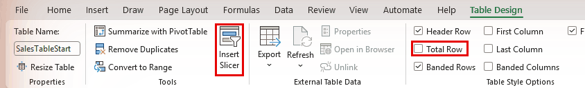 Insert Slicer on the Table Design tab