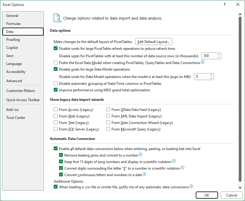 Excel Options Data category with the Edit Default Layout button