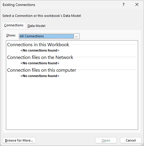 Existing Connections dialog showing No connections found