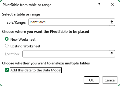 Create PivotTable dialog with Add this data to the Data Model checked