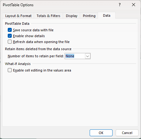 Default PivotTable Options Data tab with retain items set to None