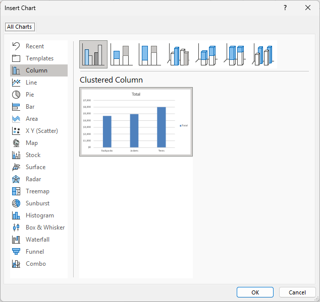 Insert Chart dialog with Clustered Column selected