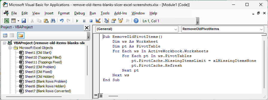 VBA editor with the RemoveOldPivotItems macro in a module