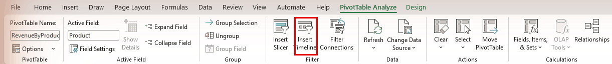 Insert Timeline on the PivotTable Analyze tab