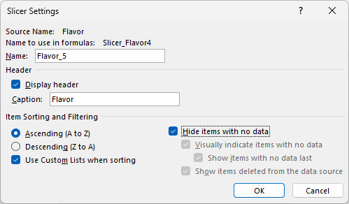Slicer Settings with Hide items with no data checked