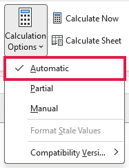 Calculation Options drop-down with Automatic highlighted