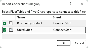 Report Connections dialog with both PivotTables checked