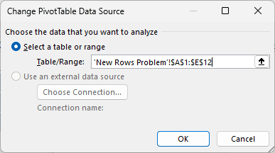 Change Data Source dialog with the range widened to row 12