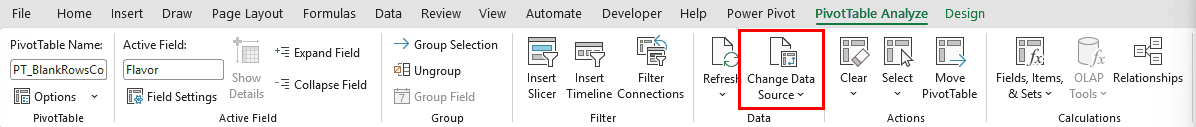 Change Data Source on the PivotTable Analyze tab