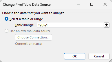 Change PivotTable Data Source dialog with Table1 entered