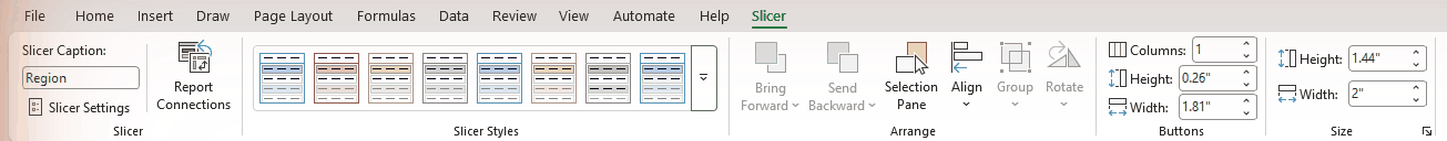 Slicer tab with styles, buttons, and size options