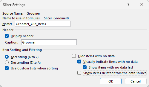Slicer Settings with Show items deleted from the data source unchecked
