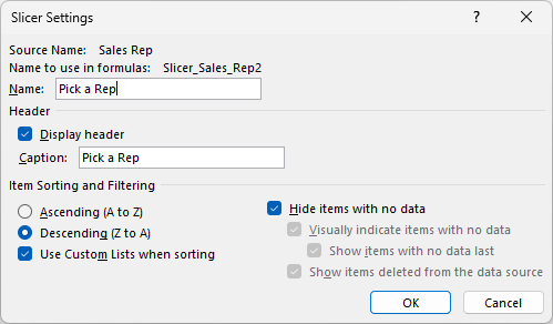 Slicer Settings dialog with caption, sorting, and hide items with no data