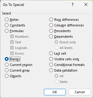 Go To Special dialog with Blanks selected