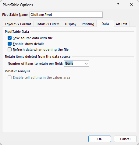 PivotTable Options Data tab with retain items set to None