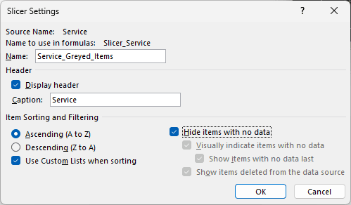 Slicer Settings with Hide items with no data checked
