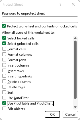 Protect Sheet dialog allowing PivotTable and PivotChart use