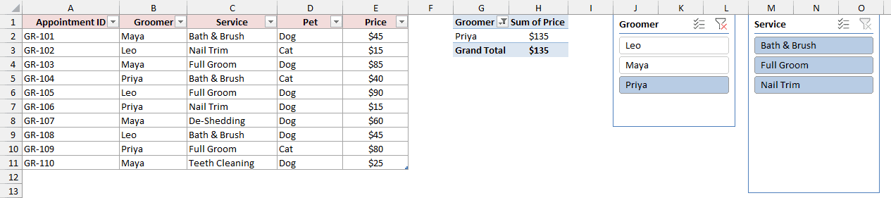 Service slicer showing only Priya's three services