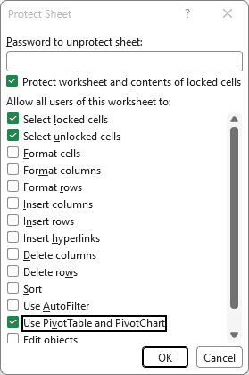 Protect Sheet dialog with Use PivotTable and PivotChart checked