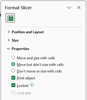 Format Slicer pane with Move but don't size with cells selected