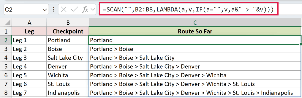 =SCAN("",B2:B8,LAMBDA(a,v,IF(a="",v,a&" > "&v))) in C2