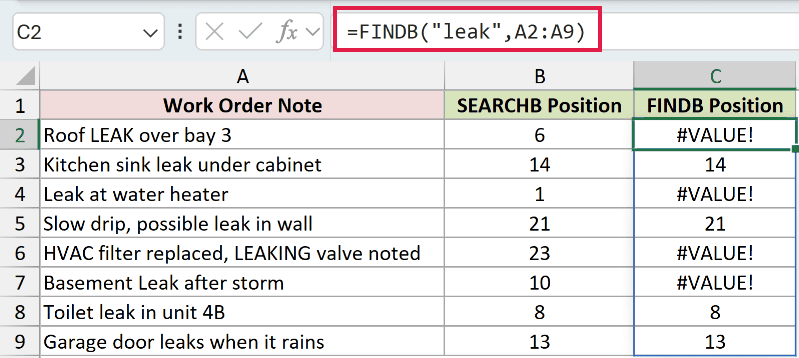 =FINDB("leak",A2:A9) in C2