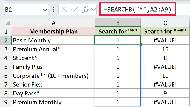 =SEARCHB("*",A2:A9) in B2