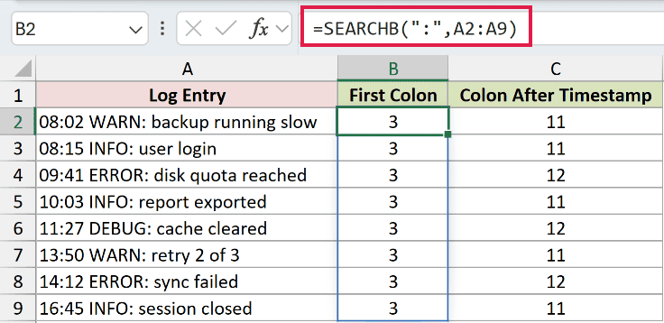 =SEARCHB(":",A2:A9) in B2