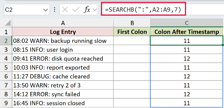 =SEARCHB(":",A2:A9,7) in C2