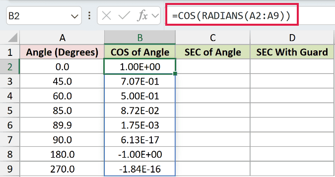 =COS(RADIANS(A2:A9)) in B2