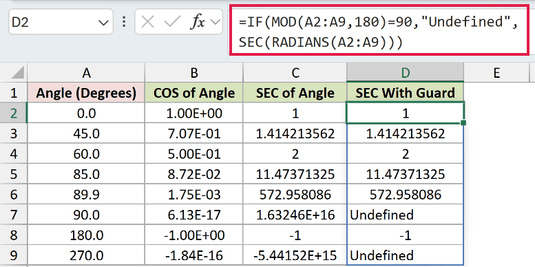 =IF(MOD(A2:A9,180)=90,"Undefined",SEC(RADIANS(A2:A9))) in D2