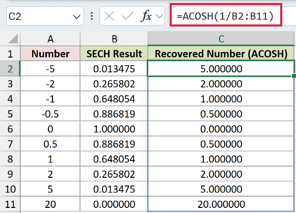 =ACOSH(1/B2:B11) in C2