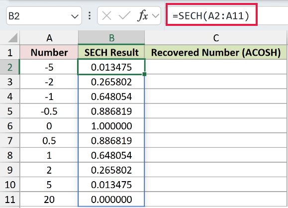 =SECH(A2:A11) in B2