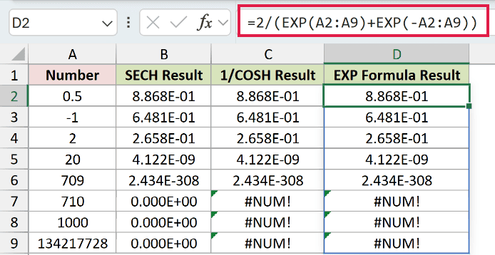 =2/(EXP(A2:A9)+EXP(-A2:A9)) in D2