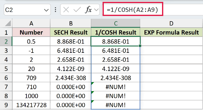=1/COSH(A2:A9) in C2