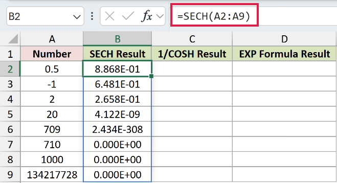 =SECH(A2:A9) in B2