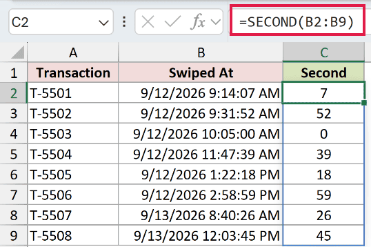 =SECOND(B2:B9) in C2