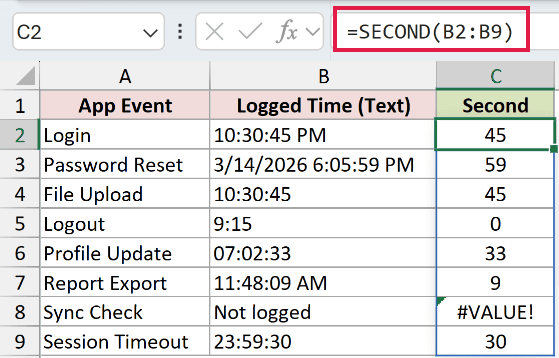 =SECOND(B2:B9) in C2