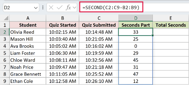 =SECOND(C2:C9-B2:B9) in D2