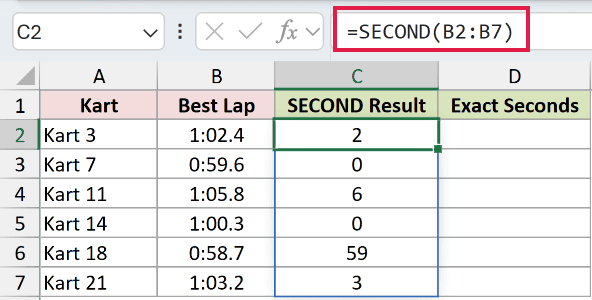 =SECOND(B2:B7) in C2