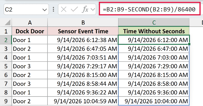 =B2:B9-SECOND(B2:B9)/86400 in C2
