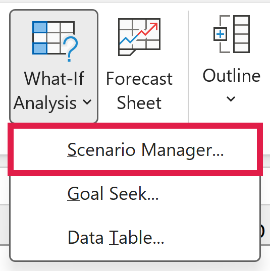 Scenario Manager command highlighted in the What-If Analysis menu on the Data tab