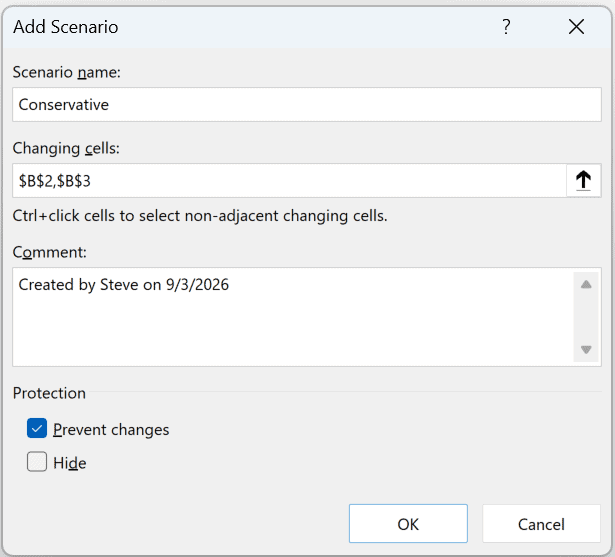 Add Scenario dialog configured for the Conservative scenario with B2 and B3 as changing cells