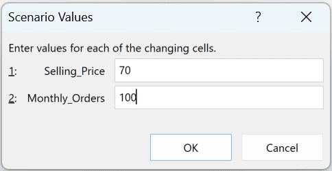 Scenario Values dialog with 70 for selling price and 100 for monthly orders