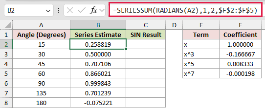 =SERIESSUM(RADIANS(A2),1,2,$F$2:$F$5) in B2