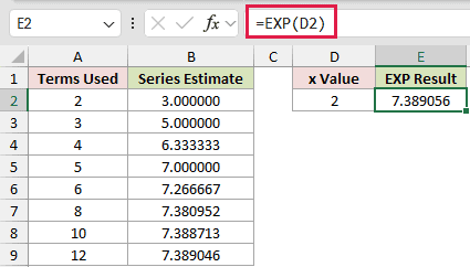 =EXP(D2) in E2