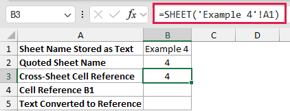 SHEET example 2: =SHEET('Example 4'!A1)