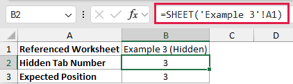 SHEET example 4: =SHEET('Example 3'!A1)