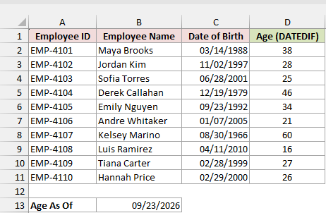 Employee list with the correct DATEDIF age in column D and the as-of date in B13