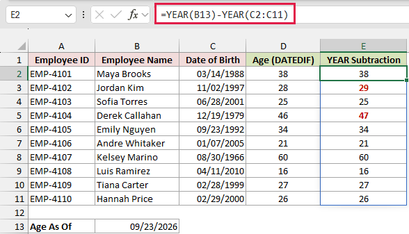 YEAR subtraction formula overstates the age of Jordan Kim and Derek Callahan